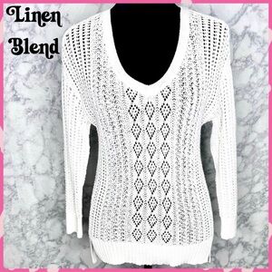 WHBM White LINEN Blend Open Knit Sweater Women’s Small V-Neck